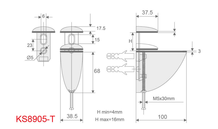 KS8905-T SOPORTE TUCAN PARA VIDRIO - Imagen 2
